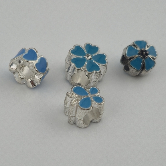 Set of 4 Silver Tone Blue Enamel Flower European Charm Beads for Bracelets - Picture 4 of 4